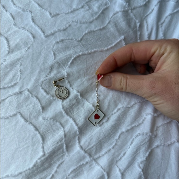 Gold White and Red Playing Card and Clock Earrings Queen of Hearts Dangle - Picture 4 of 6